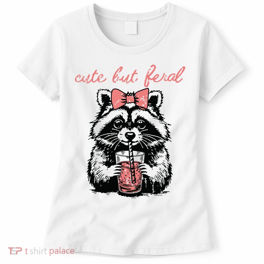 Vintage Cute But Feral Funny Raccoon With Coffee Lovers Womens T-Shirt