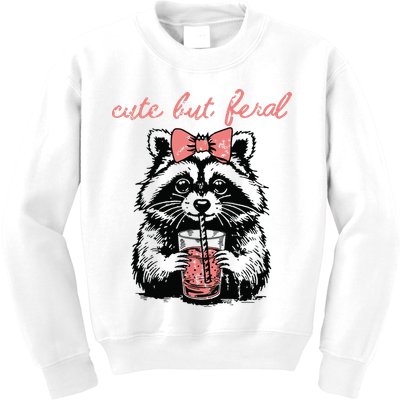 Vintage Cute But Feral Funny Raccoon With Coffee Lovers Kids Sweatshirt