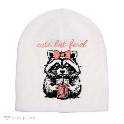 Vintage Cute But Feral Funny Raccoon With Coffee Lovers Short Acrylic Beanie