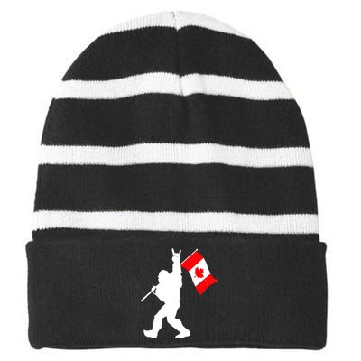 Vintage Canadian Bigfoot And Rockn Roll Funny Canada Day Striped Beanie with Solid Band