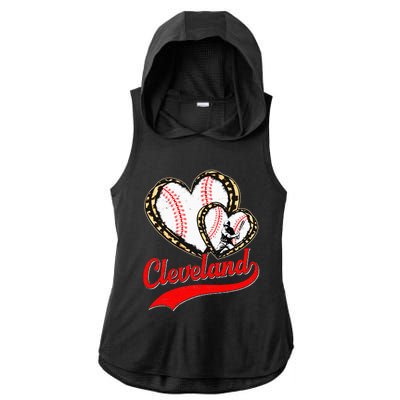 Vintage Cleveland Baseball Leopard Heart Baseball Fans Ladies PosiCharge Tri-Blend Wicking Draft Hoodie Tank