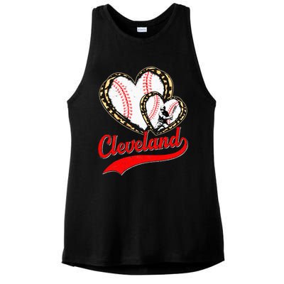 Vintage Cleveland Baseball Leopard Heart Baseball Fans Ladies PosiCharge Tri-Blend Wicking Tank