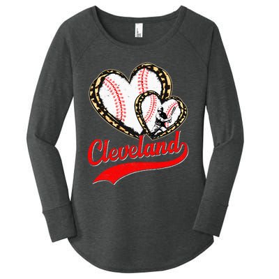 Vintage Cleveland Baseball Leopard Heart Baseball Fans Women's Perfect Tri Tunic Long Sleeve Shirt