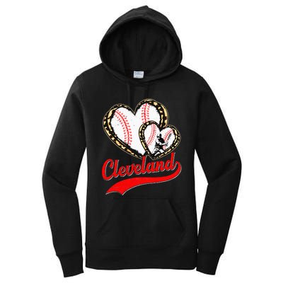 Vintage Cleveland Baseball Leopard Heart Baseball Fans Women's Pullover Hoodie