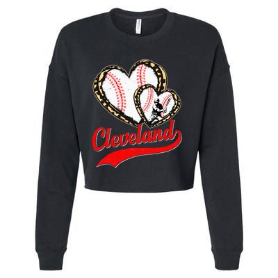 Vintage Cleveland Baseball Leopard Heart Baseball Fans Cropped Pullover Crew