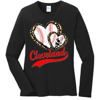 Vintage Cleveland Baseball Leopard Heart Baseball Fans Ladies Long Sleeve Shirt