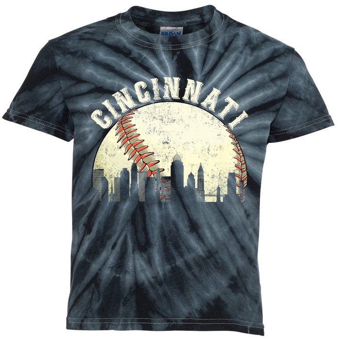 Vintage Cincinnati Cityscape Baseball Lover Kids Tie-Dye T-Shirt