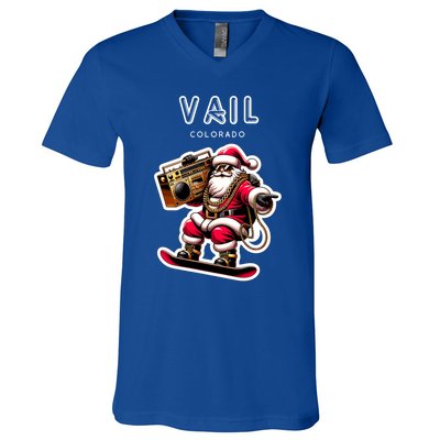 Vail Colorado Christmas Snowboard Santa Claus Gift V-Neck T-Shirt