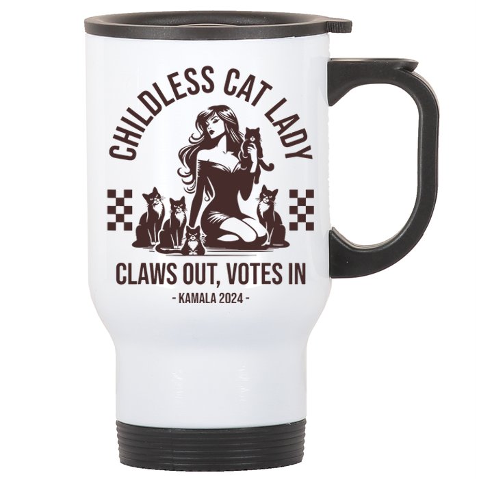 Vintage Childless Cat Lady Claws Out Votes In Harris 2024 Stainless Steel Travel Mug