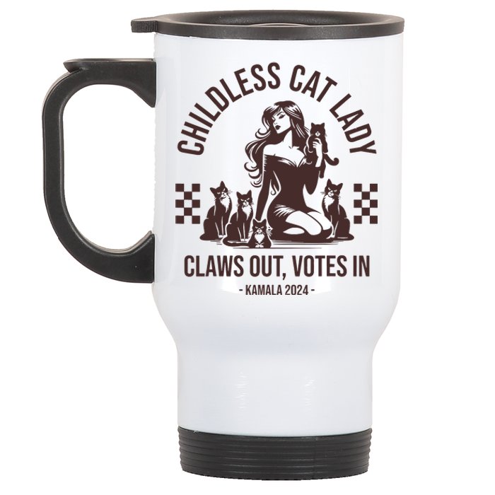 Vintage Childless Cat Lady Claws Out Votes In Harris 2024 Stainless Steel Travel Mug