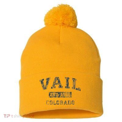 Vail Colorado Co Vintage Sports Design Print Pom Pom 12in Knit Beanie