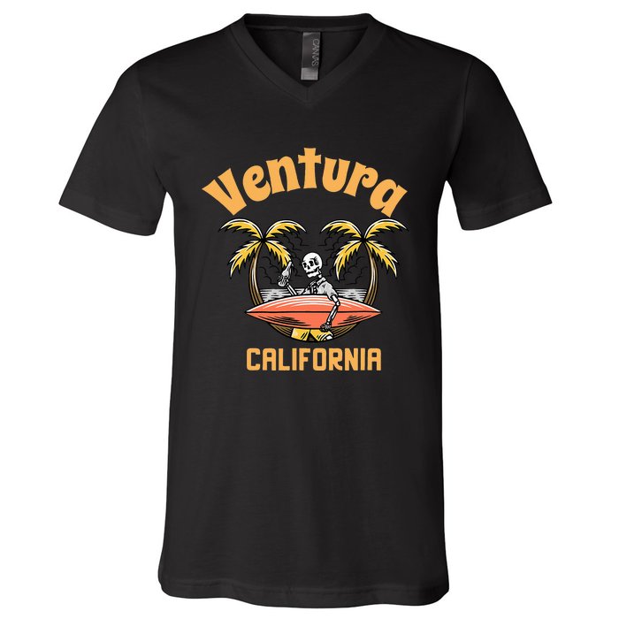 Ventura California Classic Skeleton Surfer V-Neck T-Shirt