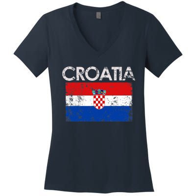 Vintage Croatia Croatian Flag Pride Gift Women's V-Neck T-Shirt