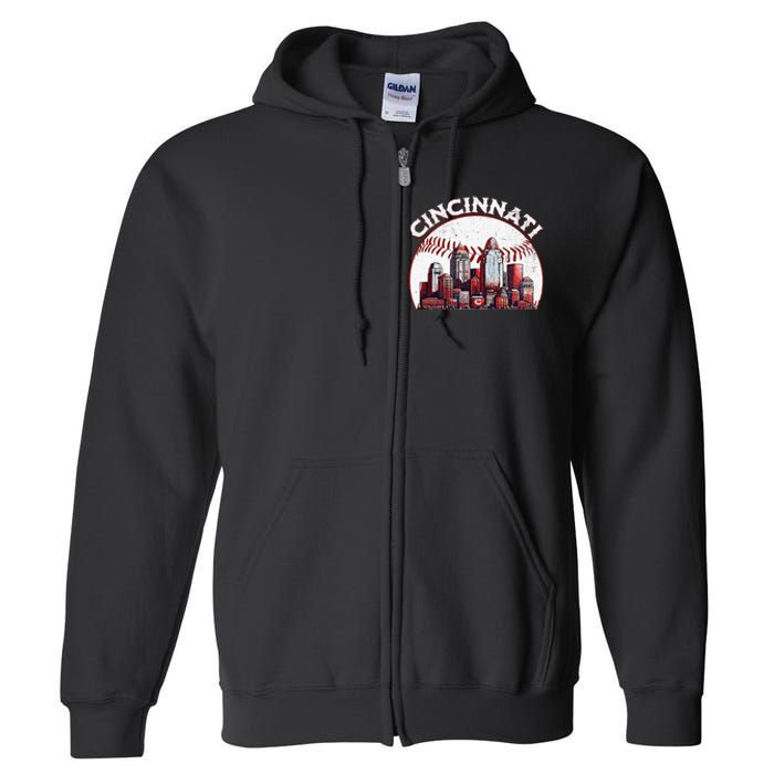 Vintage Cincinnati Cityscape Baseball Lover Full Zip Hoodie