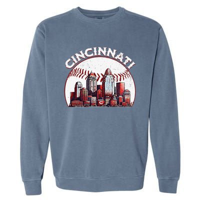 Vintage Cincinnati Cityscape Baseball Lover Garment-Dyed Sweatshirt