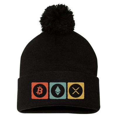 Vintage Crypto Cryptocurrency Crypto Ethereum Xrp Bitcoin Pom Pom 12in Knit Beanie