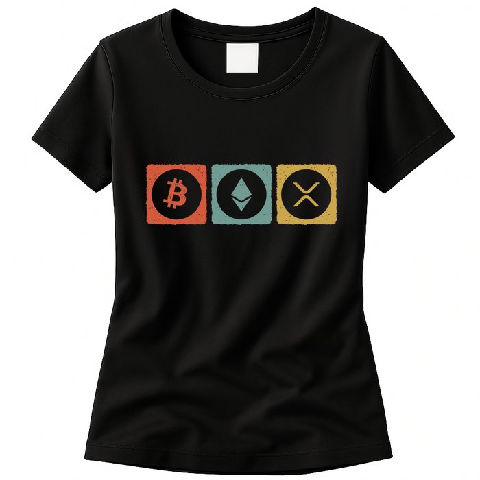 Vintage Crypto Cryptocurrency Crypto Ethereum Xrp Bitcoin Womens T-Shirt