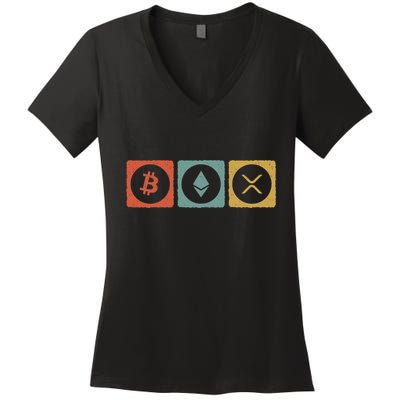 Vintage Crypto Cryptocurrency Crypto Ethereum Xrp Bitcoin Women's V-Neck T-Shirt