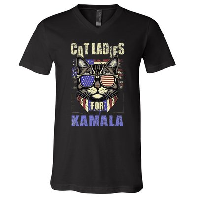 Vintage Childless Cat Ladies For Kamala Harris 2024 Election V-Neck T-Shirt