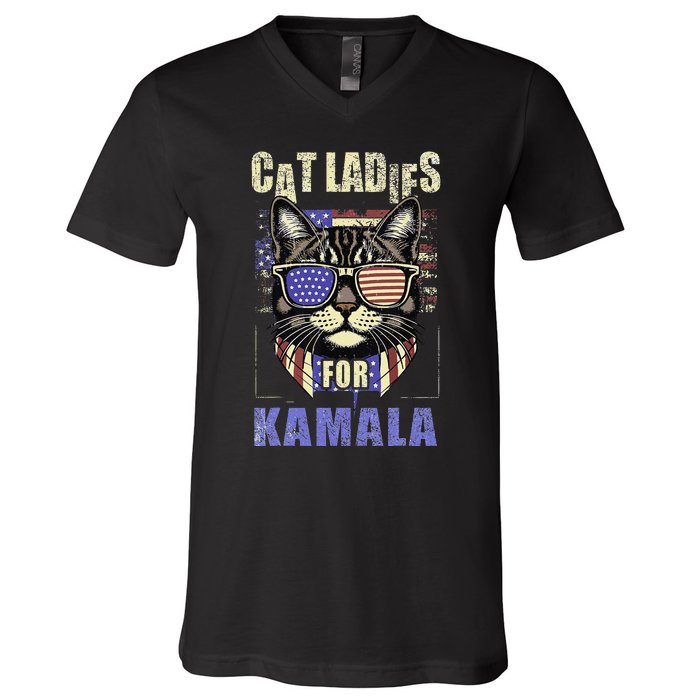 Vintage Childless Cat Ladies For Kamala Harris 2024 Election V-Neck T-Shirt