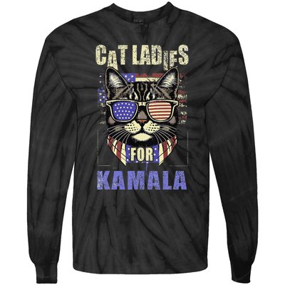 Vintage Childless Cat Ladies For Kamala Harris 2024 Election Tie-Dye Long Sleeve Shirt