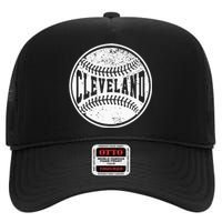 Vintage Cleveland Cityscape Baseball Lover Player And Fans High Crown Mesh Back Trucker Hat