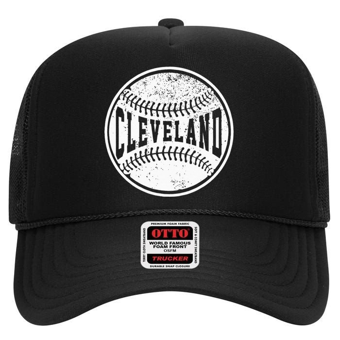 Vintage Cleveland Cityscape Baseball Lover Player And Fans High Crown Mesh Back Trucker Hat