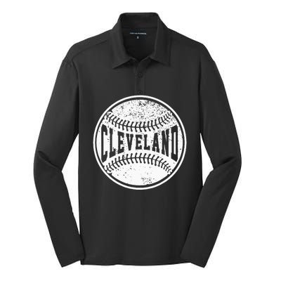 Vintage Cleveland Cityscape Baseball Lover Player And Fans Silk Touch Performance Long Sleeve Polo