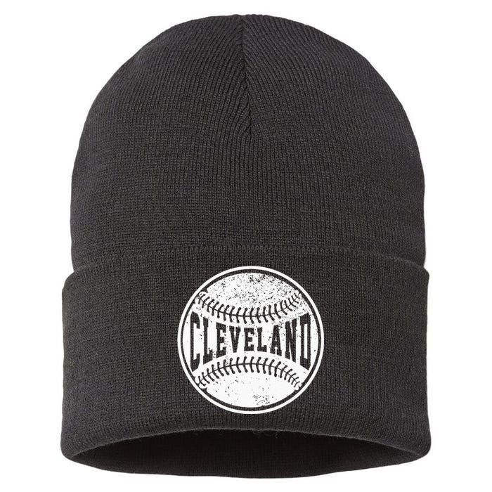 Vintage Cleveland Cityscape Baseball Lover Player And Fans Sustainable Knit Beanie