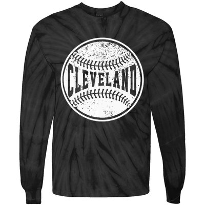 Vintage Cleveland Cityscape Baseball Lover Player And Fans Tie-Dye Long Sleeve Shirt