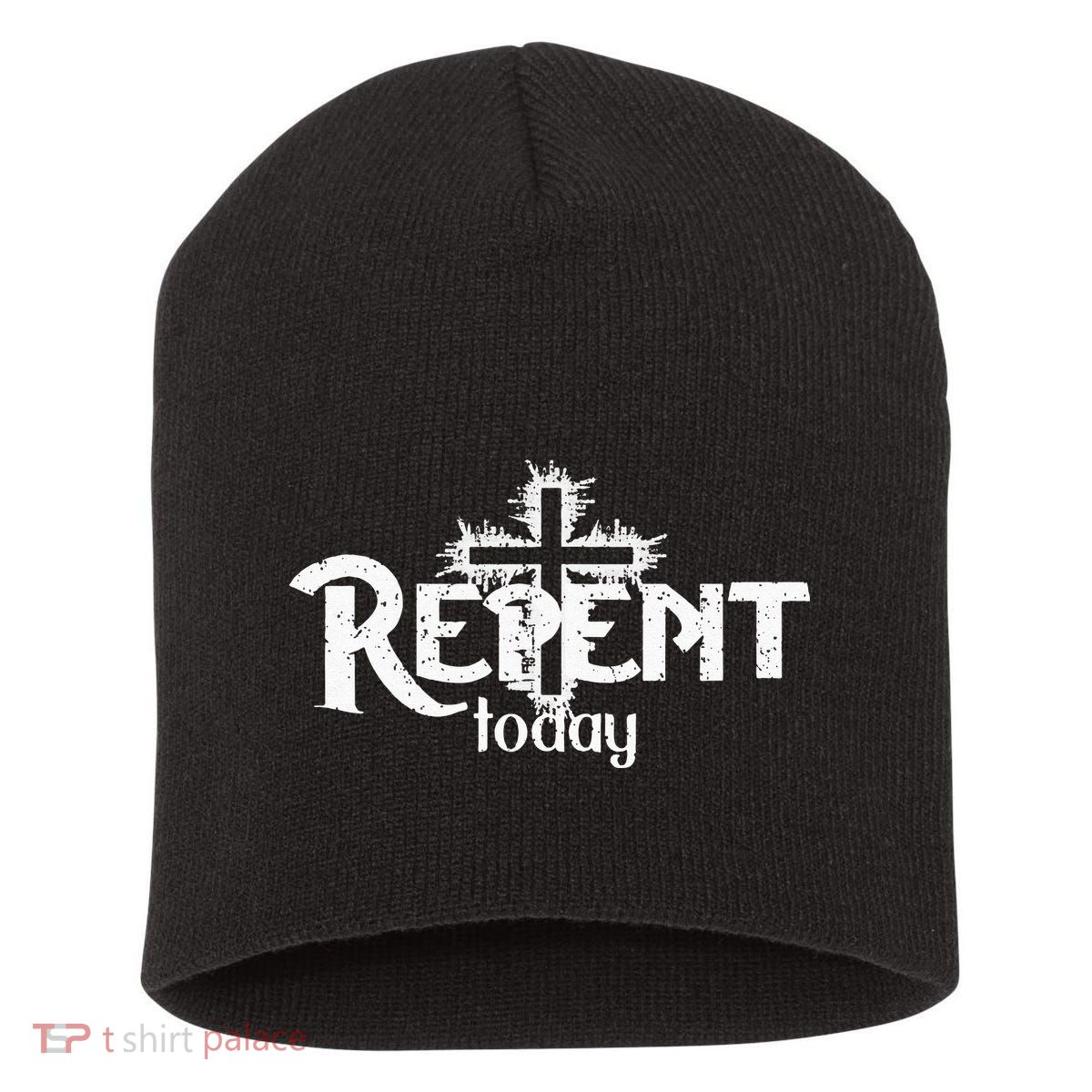 Vintage Christian Cross Design Repent Today Short Acrylic Beanie