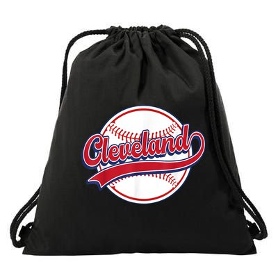 Vintage Cleveland Cityscape Baseball Lover Player And Fans Drawstring Bag
