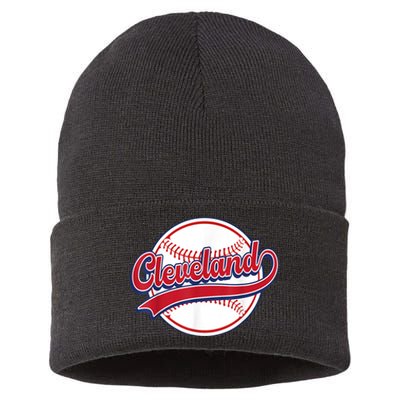 Vintage Cleveland Cityscape Baseball Lover Player And Fans Sustainable Knit Beanie