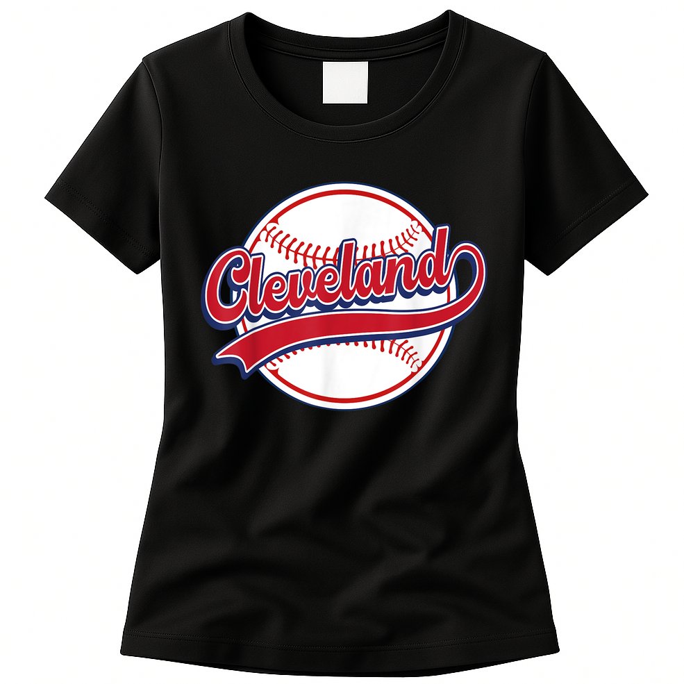 Vintage Cleveland Cityscape Baseball Lover Player And Fans Womens T-Shirt