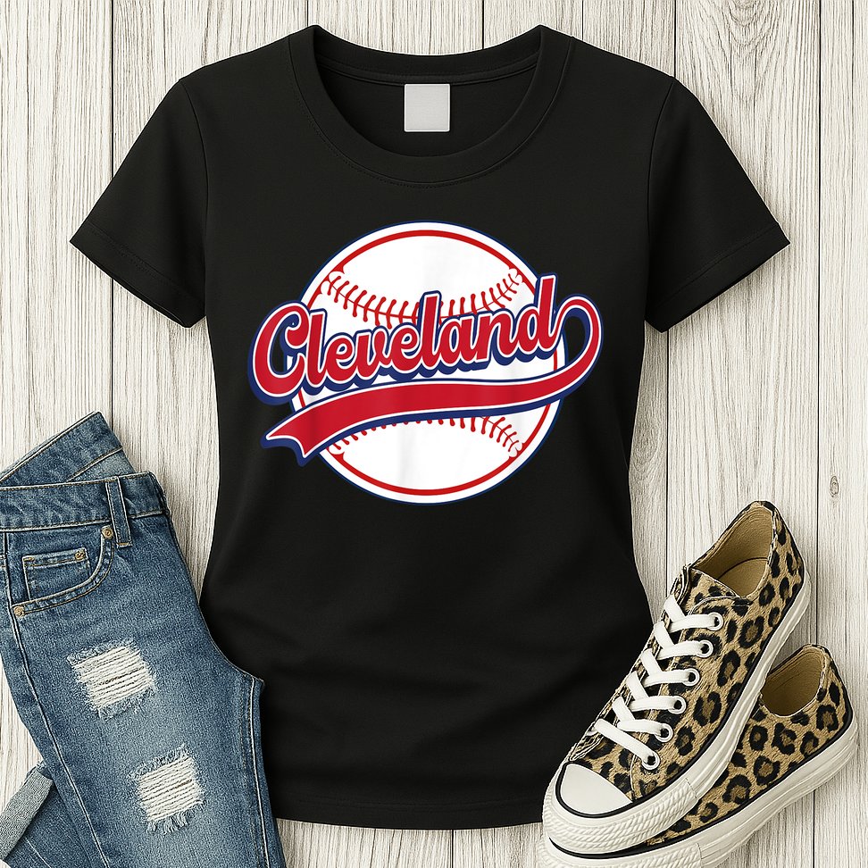 Vintage Cleveland Cityscape Baseball Lover Player And Fans Womens T-Shirt