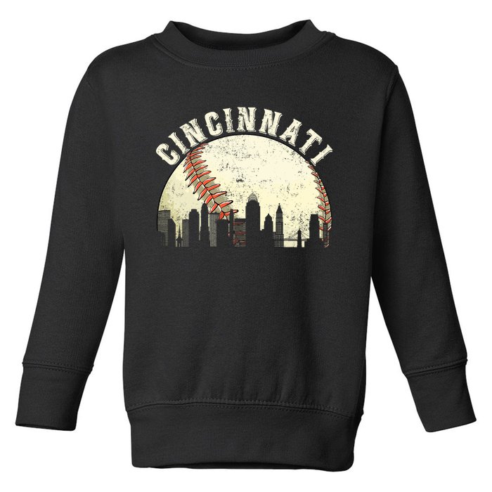 Vintage Cincinnati Cityscape Baseball Lover Toddler Sweatshirt