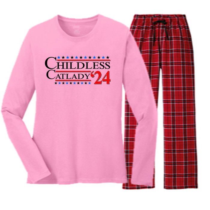 Vote Childless Catlady 2024 Women's Long Sleeve Flannel Pajama Set 