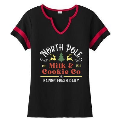 Vintage Christmas Company North Pole Milk And Cookie Co Ladies Halftime Notch Neck Tee