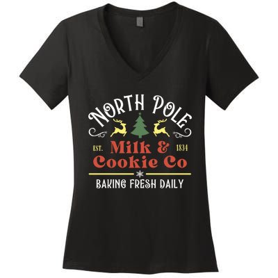 Vintage Christmas Company North Pole Milk And Cookie Co Women's V-Neck T-Shirt