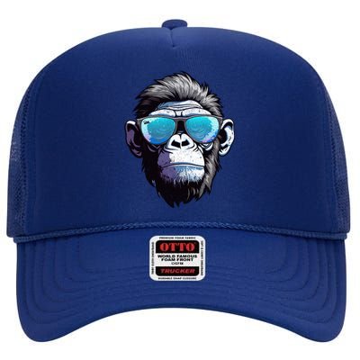 Vintage Cool Cute Monkey With Sunglasses Gift High Crown Mesh Back Trucker Hat