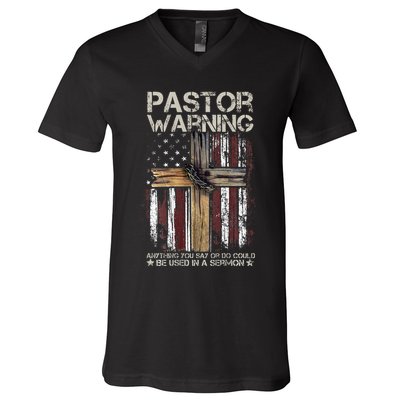 vintage Christian Cross USA Flag Pastor Warning V-Neck T-Shirt