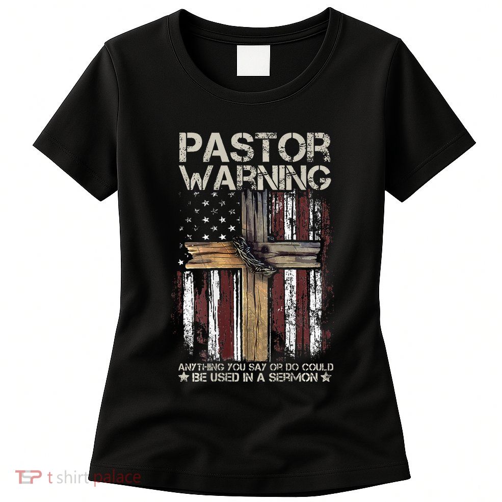 vintage Christian Cross USA Flag Pastor Warning Womens T-Shirt