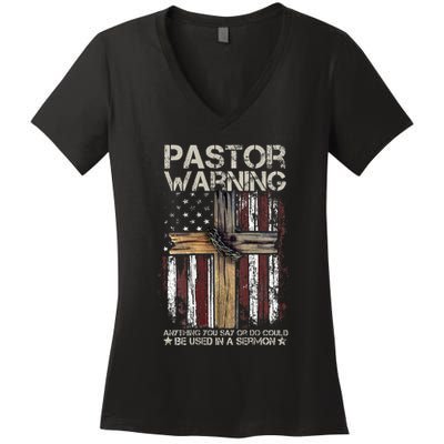 vintage Christian Cross USA Flag Pastor Warning Women's V-Neck T-Shirt