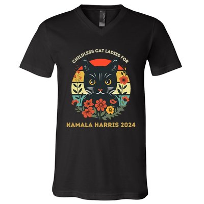 Vintage Childless Cat Ladies For Kamala Harris 2024 Election V-Neck T-Shirt