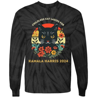 Vintage Childless Cat Ladies For Kamala Harris 2024 Election Tie-Dye Long Sleeve Shirt