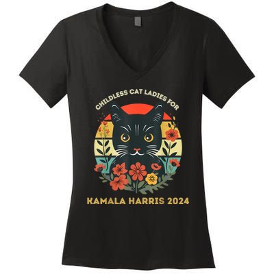 Vintage Childless Cat Ladies For Kamala Harris 2024 Election Women's V-Neck T-Shirt