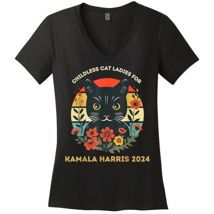 Vintage Childless Cat Ladies For Kamala Harris 2024 Election Women's V-Neck T-Shirt