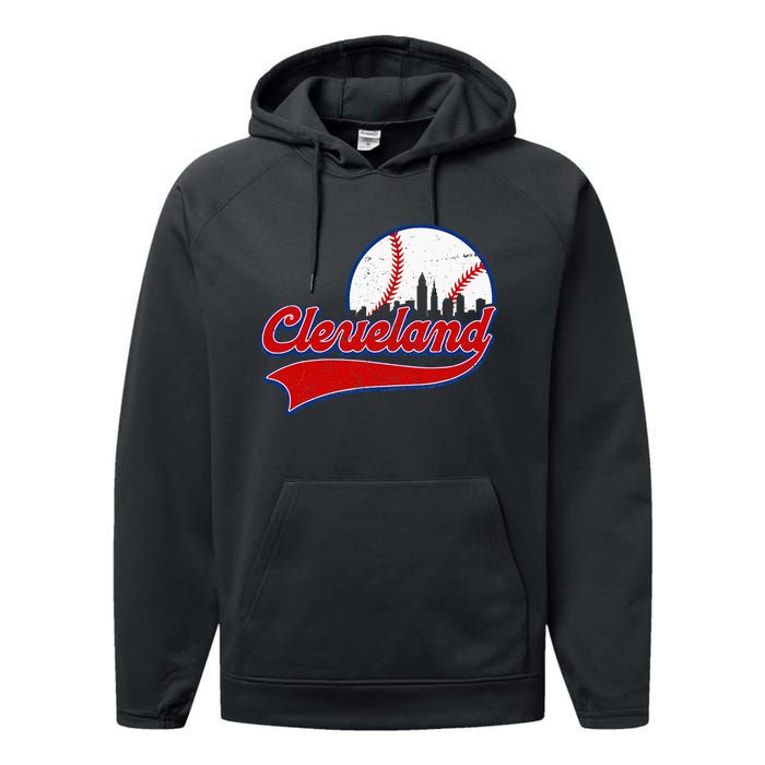 Vintage Cleveland City Downtown Skylines Baseball Fans Lover Performance Fleece Hoodie