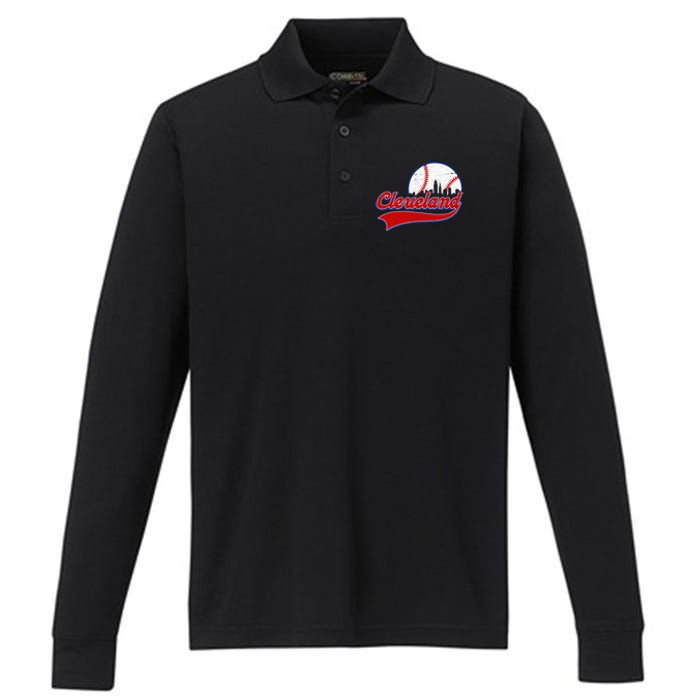 Vintage Cleveland City Downtown Skylines Baseball Fans Lover Performance Long Sleeve Polo