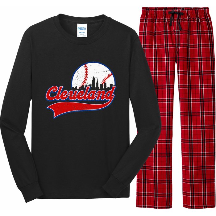 Vintage Cleveland City Downtown Skylines Baseball Fans Lover Long Sleeve Pajama Set